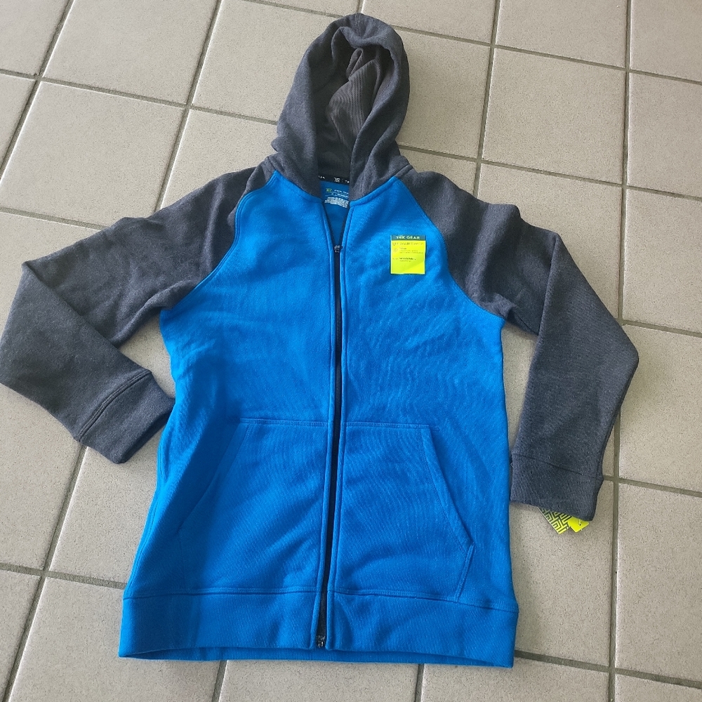 NWT Boys Medium Tek Gear Ultra Soft Fleece Zip-Up Hoodie Jacket Blue & Gray